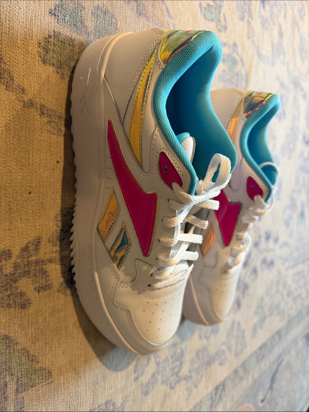 Reebok Above the Rim White Sneakers with Hot Pink, Teal & Silver Accents